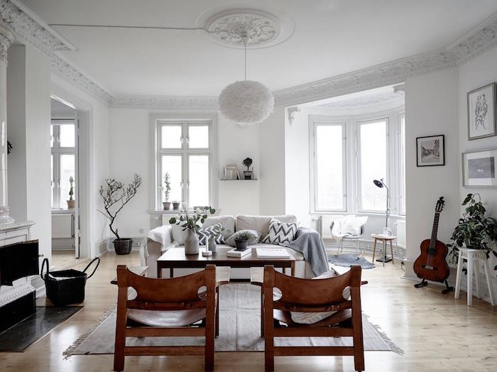 velika dnevna soba skandinavski duh nordijski slog bele stene nordijsko pohištvo