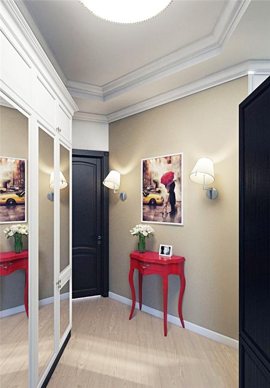 taupe duvarlar ve alçı bordürlü beyaz tavan ile koridorda kırmızı ve siyah mobilyalar nasıl döşenir
