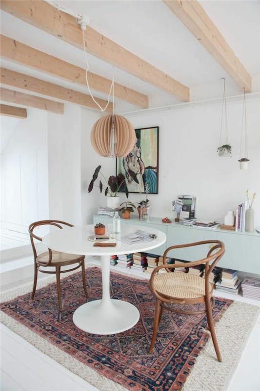 tulpių stalas-originalus-virtuvė-apvalus-virtuvės stalas-baltos spalvos kilimas-liustra-dizainas