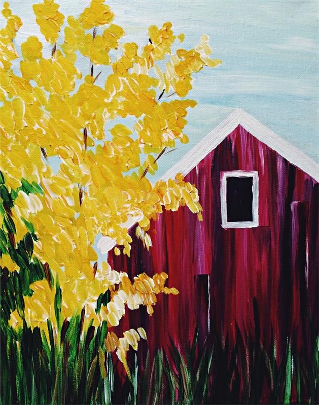 yeni başlayanlar için kolay boyama akrilik boyama ev ve ağaç boyama sonbahar manzara