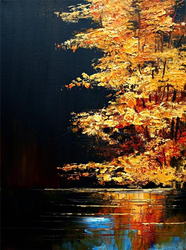 doku efektleri ile siyah ve altın akrilik sonbahar manzarası, sanatsal resim yarı soyut manzara