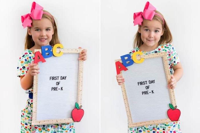 renkli alfabe harfleri cetvel çerçeve ve kırmızı ahşap elma ile okul yazı tahtası anaokulu çocuğu için kolay ve hızlı ve kullanışlı DIY