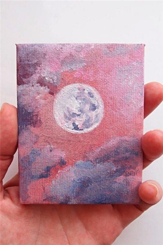 tuval üzerine mini resim akrilik boyama, pembe-mor gökyüzü arka plan üzerinde dolunay boyama