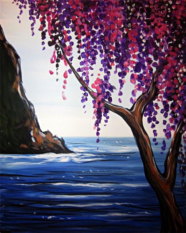 yeni başlayanlar için kolay akrilik levha fikri, akrilikle bir manzara boyamak, deniz kenarındaki ağacı akrilikle boyamak