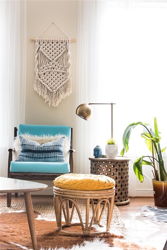 tahta çubuk ve ip ile makrome tel askı yapın, bambu mobilyalarla bohem şık oturma odası dekoru
