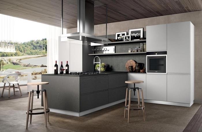vodoravne police za shranjevanje v kuhinji iz temnega lesa na antracitno sivi steni, kuhinjski model v obliki črke L