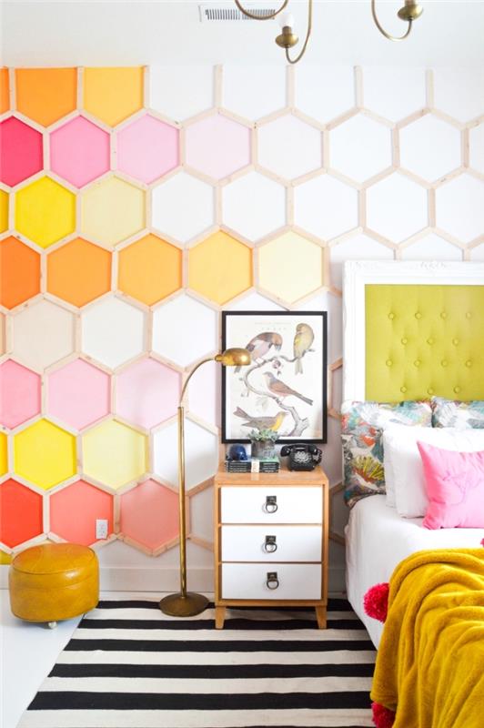 hafif ahşap diy çerçeve, ahşap duvar dekorasyonu ve boyama ile turuncu ve pembe renklerde genç yatak odası boyama