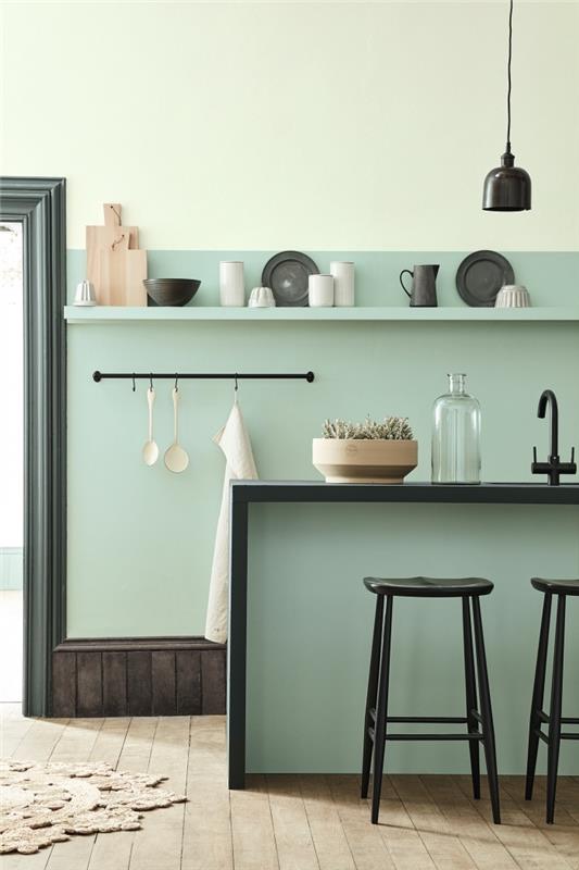 ideja vodno zelene barve za kuhinjsko dekoracijo, model kuhinje z dvobarvnimi stenami s temno leseno podlago