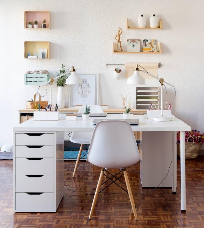 evde çalışma alanınızı nasıl dekore edersiniz, beyaz çekmeceli masa ve ofis koltuğu ile ev ofis düzeni