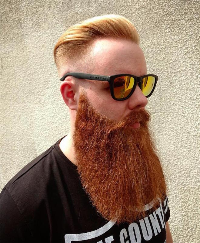 velika ukrivljena rdečelaska brada in moška frizura