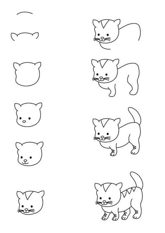 lengvai atkuriamas kačių piešimo modelis vaikams, žingsnis po žingsnio piešiant mielą mažą katytę su priekinėmis ir galinėmis letenomis