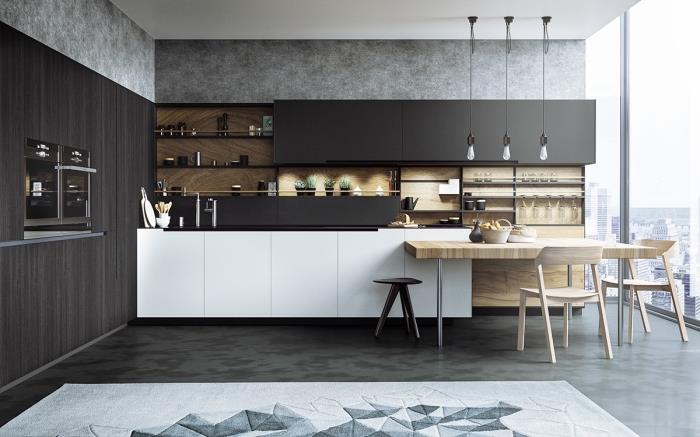 medžio masyvo virtuvė, interjero dizainas su baltomis lubomis ir chaki spalvos žalios ir anglies pilkos spalvos grindimis