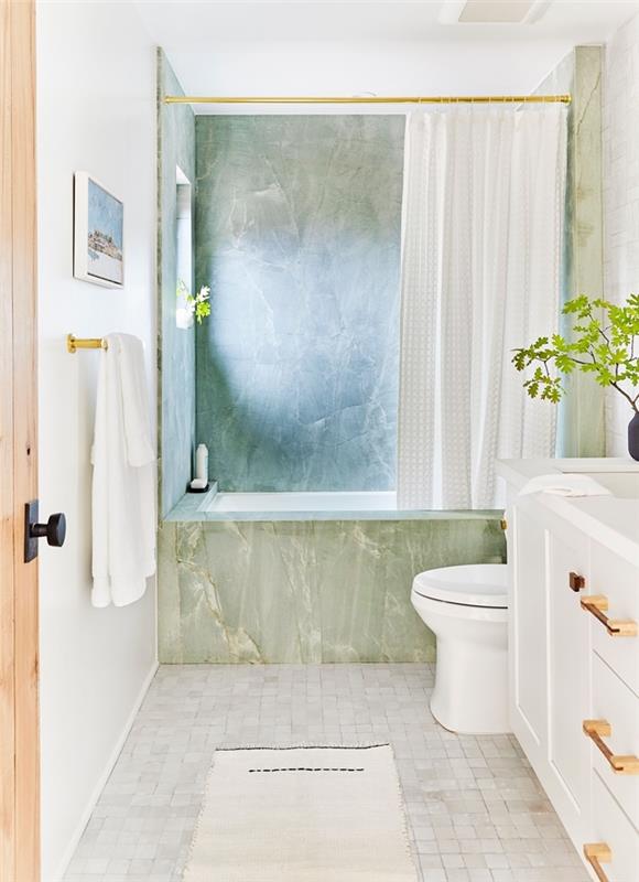 beyaz banyo paspası açık gri fayans perdeler küvet modeli banyo giysi kurutma makinesi yeşil bitki