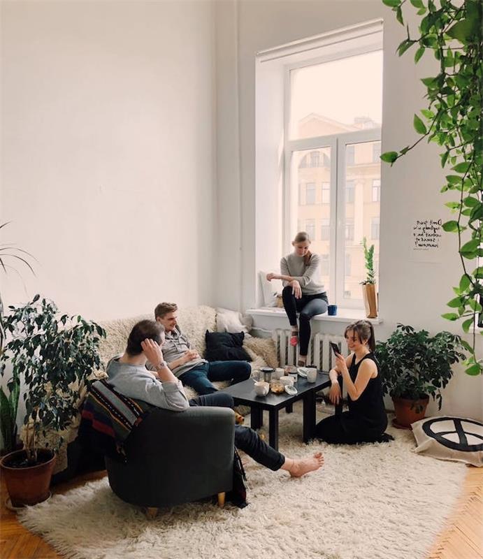 Skandinavski dekor dnevne sobe z boemskimi pridihi, mehko preprogo, črno mizico, belimi stenami in zelenimi rastlinami v lončkih