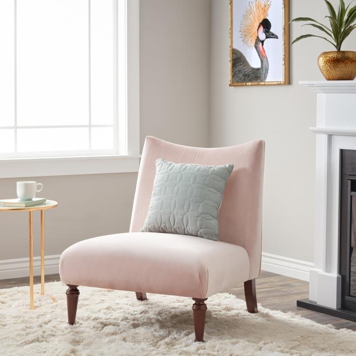 svetainė su smėlio spalvos sienomis su pudra rožine foteliu, sumontuota ant minkšto balto kilimo, vazos ir nuotraukų rėmo su vario apdaila