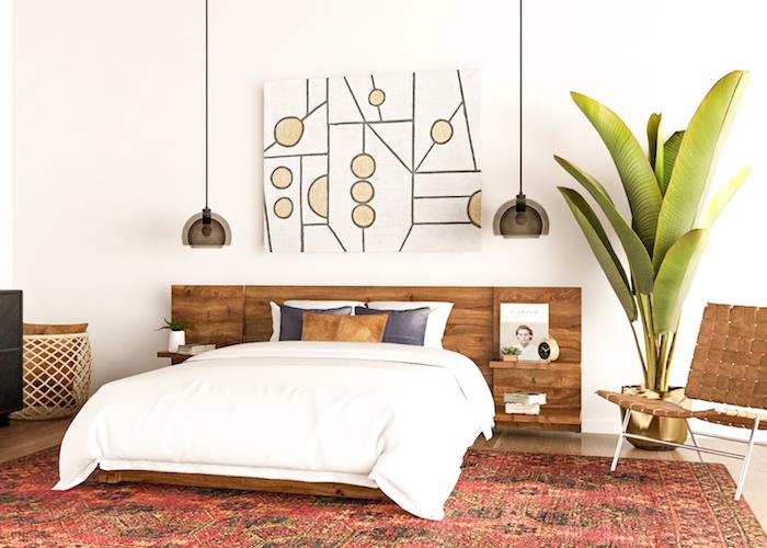 Güzel beyaz ve ahşap yatak odası dekoru, büyük muz palmiye ağacı bitkisi, iç yeşil bitki fikri, yatak odası ne bitki