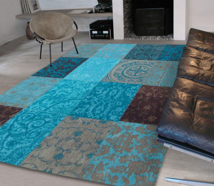 patchwork-kilim-mavi-kahverengi-şık-modern-için-kilim-oturma odası
