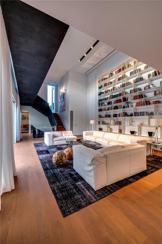 patchwork-kilim-geniş-çağdaş-oturma odası-beyaz-duvar-kitaplık