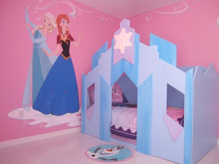pembe duvarlı kız odası ve Anna ve Elsa çıkartmaları, donmuş krallık şeklinde çocuk yatağı, kar kraliçesi nevresim