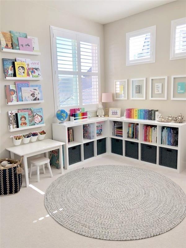 gri yuvarlak kilim kitaplar ile köşe oyuncak depolama dolabı oyuncak depolama fikirleri oyun odası ikea çocuk odası depolama oyuncak yatak odası özgün tasarım