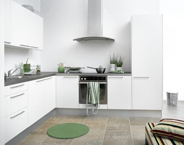 mat gri tezgahlı küçük beyaz bir mutfak nasıl dekore edilir, L şeklinde mutfak planı, gri ile ne renk fikir