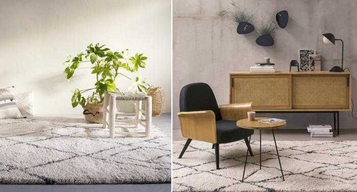 modern bir oturma odası için hangi halı, ahşap mobilyalı ve mat siyahlı beton duvarlı çağdaş oturma odası dekorasyonu
