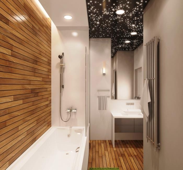 dolg model kopalnice s kadjo in prho, bela in lesena kopalnica s stropom za oblikovanje nočnega neba