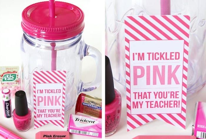 gėrimo taurė su rožiniais šiaudais ir rožiniu dangteliu su juo išgyvenimo mokyklos mokytojo dovana, kramtomoji guma, saldainiai, rašiklis, tikras, nagų lakas