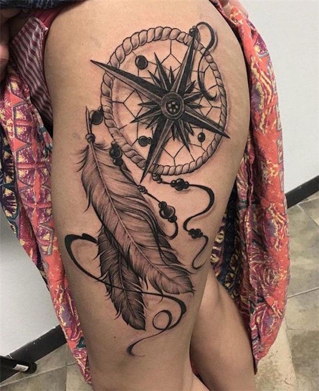 Ženska tetovaža stegen Dreamcatcher Leg Tattoo