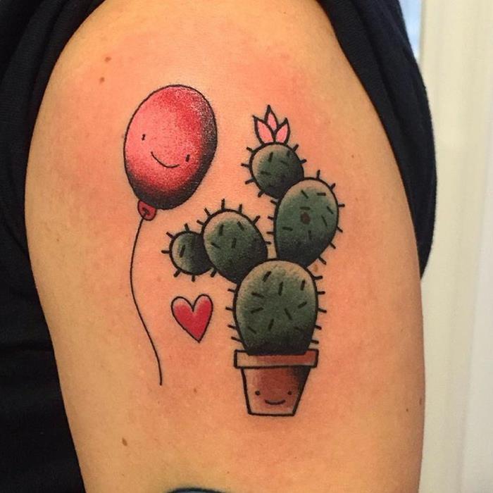 juokinga tatuiruotė, kaktusas ir besišypsantis balionas, raudona širdis, kokia originali tatuiruotė