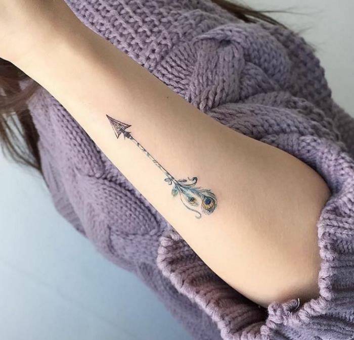 pomen tetovaže, majhna tetovaža na ženski roki s puščico in etničnim perjem