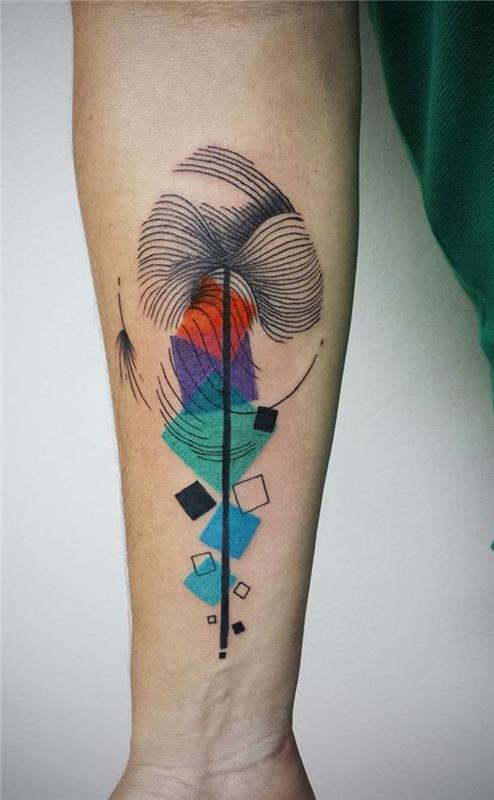 izvirna ideja za pisano geometrijsko tetovažo s stiliziranim cvetličnim vzorcem