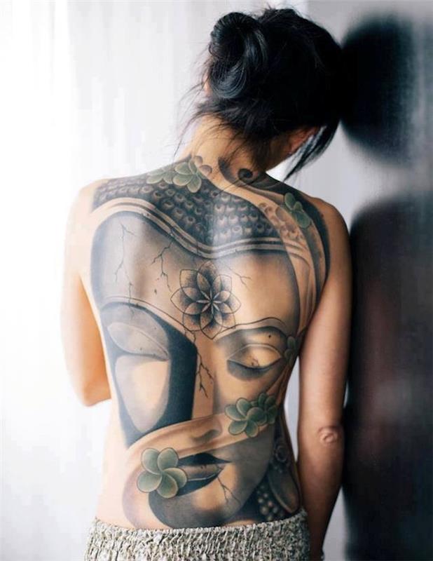 Tailando simbolio tatuiruotė hindu budizmo simbolis Buda galva ant nugaros moters