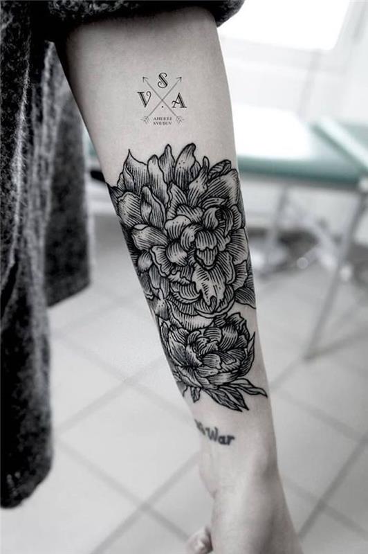cvetlični vzorci potonike, tetovaža hrbtne podlakti, dizajn kompasa, skript nad zapestjem