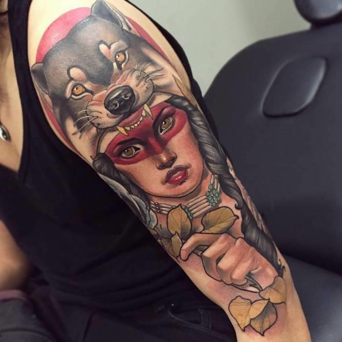 Tatoo volk ženske, risba ženske z dolgimi črnimi lasmi, tetovaža živalskega dizajna