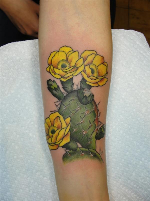 žydinti kaktuso tatuiruotė geltonomis gėlėmis, tatuiruotė ant dilbio; kaktuso raštas