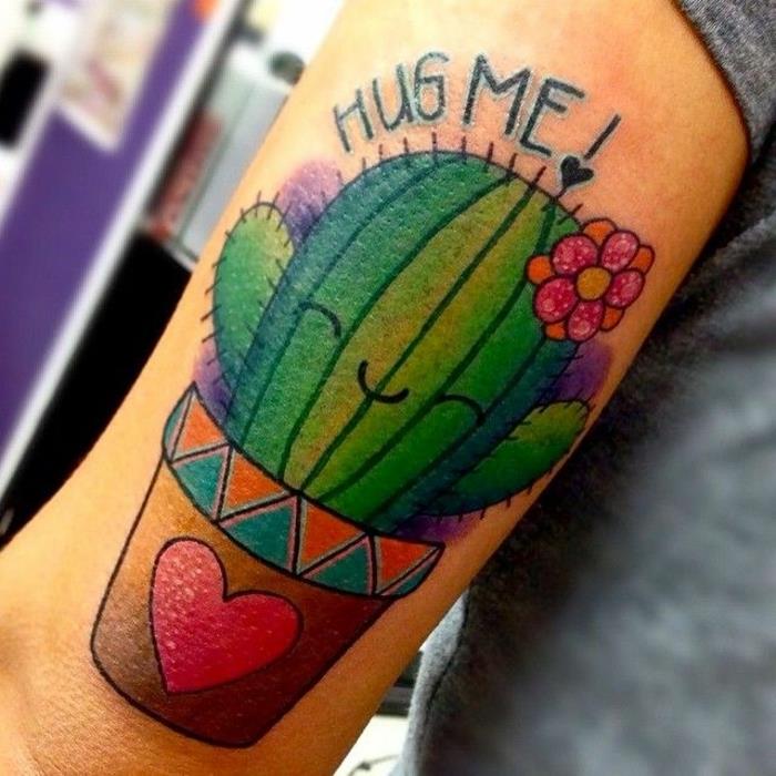 kaktuso tatuiruotė, super smagi tatuiruotė su vazoniniu augalu ir raštu