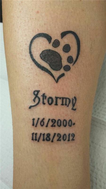 tetovaža samic mačk, tetovirana pisava, črno srce, živalska šapa