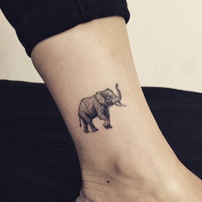 body art na gležnju, šablona za tetovažo za žensko s silhueto slona