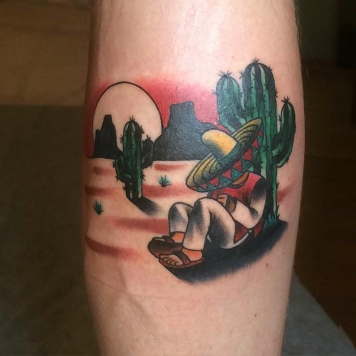 spalvinga tatuiruotė, egzotiškas kraštovaizdis, dykuma su kaktusais ir žmogus, snaudžiantis