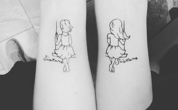 draugystės simbolis, tatuiruotė ant rankų su piešiniais mažos mergaitės su ilgais plaukais ant sūpynių, sielos draugo tatuiruotė ant rankų