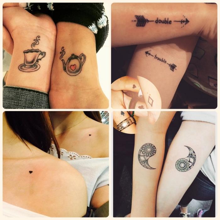 moters draugystės tatuiruotė, tatuiruotės tarp merginų modelis, tatuiruočių dizaino kava ir mažos širdelės, tatuiruotė su raidėmis ir rodyklėmis