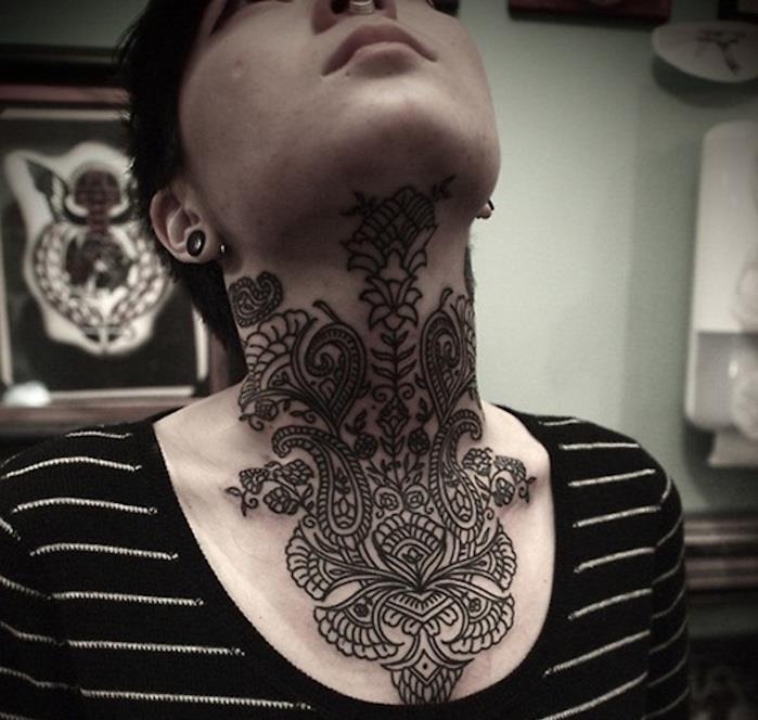 Mandala tatuiruotė kaklo moteris gerklės krūtinės tatuiruotė juodos spalvos chna