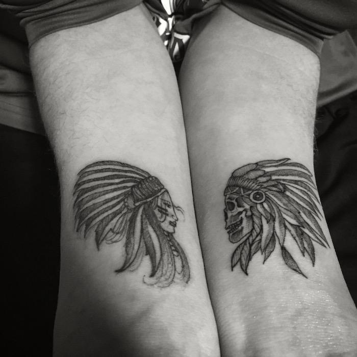 avtohtoni ameriški motiv, tetovaža bojevnica s perjem v laseh, risba s črnilom na rokah