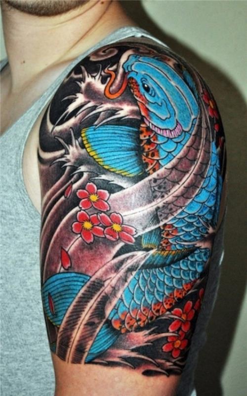 japonų rankogaliai kinų karpių tatuiruotė yakuza stiliaus mėlyna žuvis