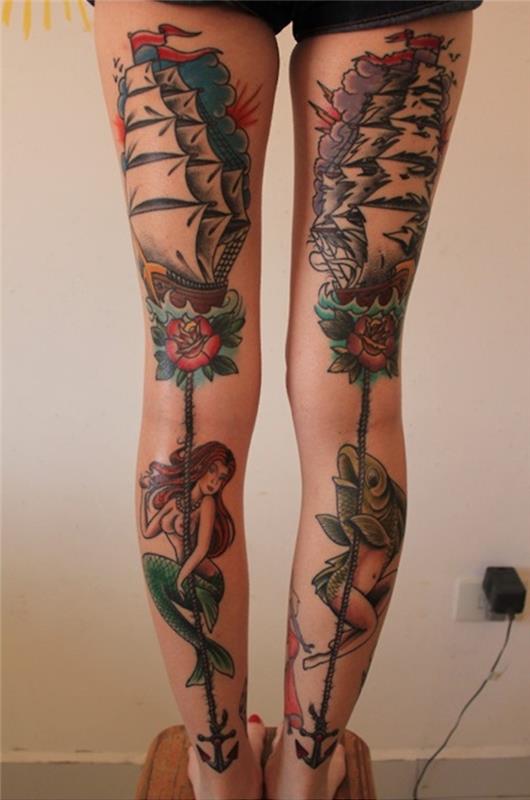 tatuiruotės senosios mokyklos kojos moteris karpis koi veršelis