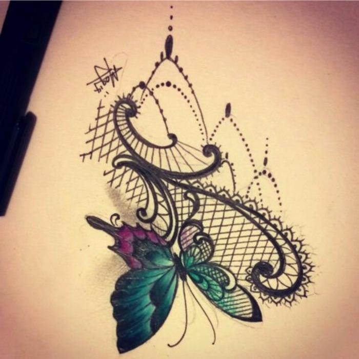 dantel dövme, renkli kelebek, grafik dantel, punk dövme tasarımı