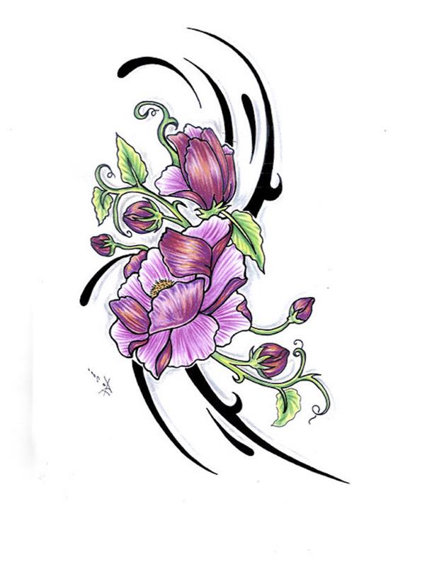 Vijolična regratova cvetlična vrtnica risanje spomladanskih cvetličnih modelov linije za tetoviranje