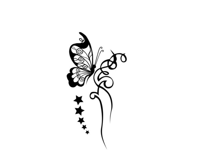 Drugelio ir žvaigždžių tatuiruotės piešimas, drugelio dažymo puslapiai, lengvas piešimas ir dažymas po paprasto