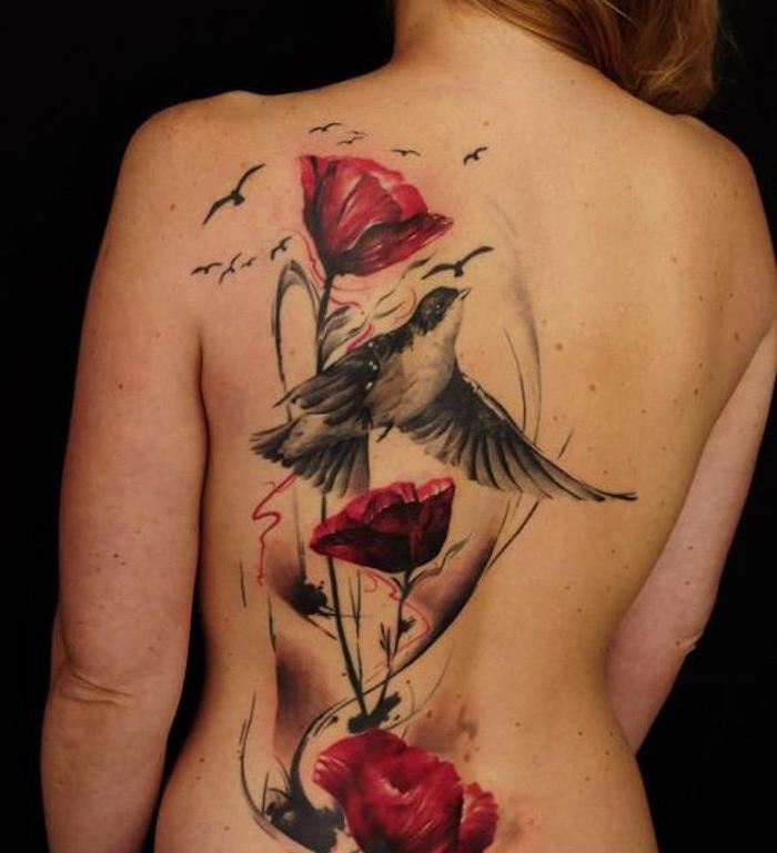 büyük tam sırt dövme kadın çiçek kırlangıçlar siyah kırmızı